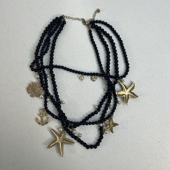 Nautical Themed Multi-Strand Necklace Starfish Anchor Charms Beach Jewelry Blue - Picture 6 of 12